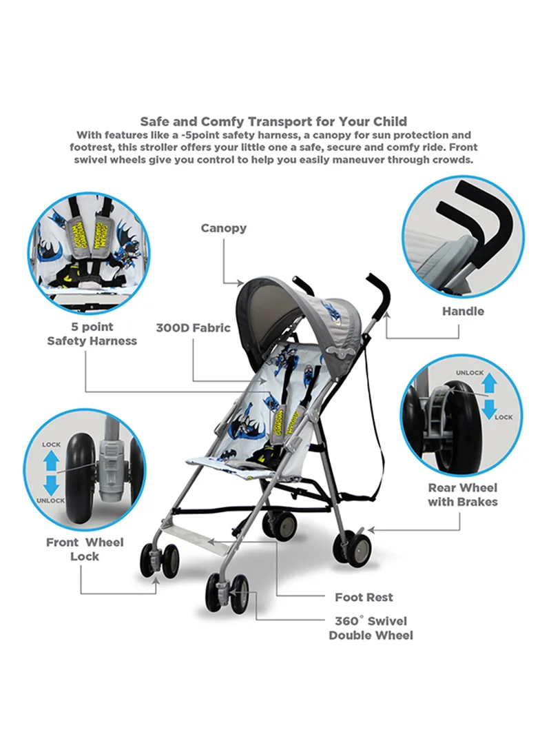 Warner Bros Trucare FZC Warner Bros. Batman Lightweight Buggy Stroller | 3 - 36 Months, Grey, Rear Breaks, Shoulder Strap And More.