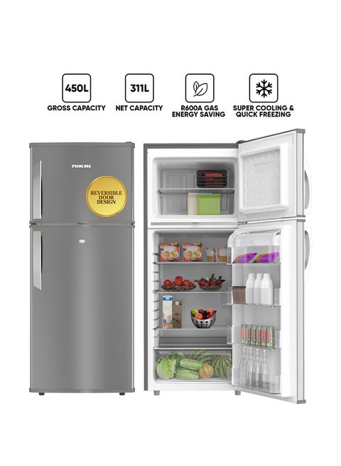 450L Gross / 311 Net, Double Door Refrigerator, With Vegetable Crisper And Adjustable Glass Shelves, Convenient Defrosting And Temperature Control, Ideal For Kitchen, Bedroom, Office And Hotels 584 kW NRF450DN5S Grey