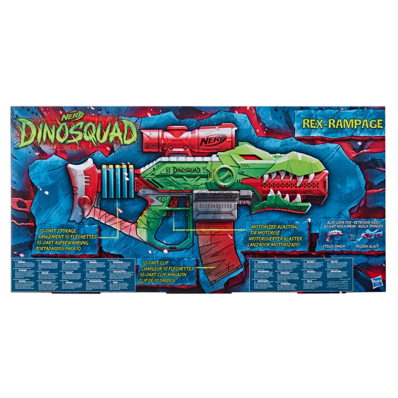 NERF - Nerf Dinosquad Rex-Rampage Motorized Dart Blaster, 10-Dart Clip, 20 Official Nerf Darts, 10-Dart Storage- T-Rex Dinosaur Design 3.187x28x14inch - Image 1