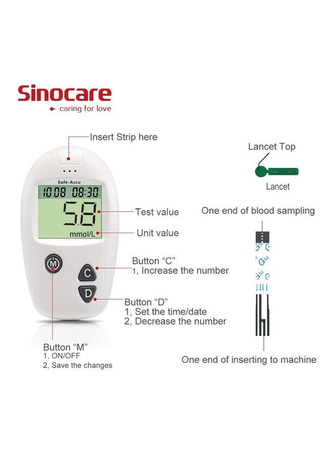 Sinocare Safe Accu Blood Glucose Monitoring System With 50 Test Strips & Lancets