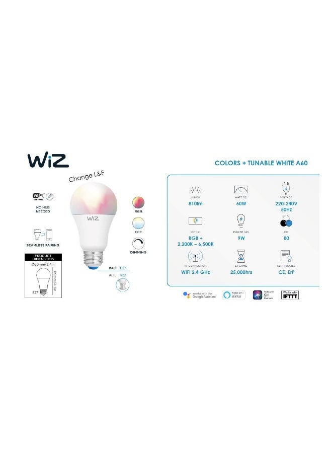Wiz - Smart Wi-Fi Led Bulb A60 E27 16 Million Colors Warm White Neutral White White Dimmable Pre-Set Modes Compatible With Amazon Alexa And Google Assistant 60x111mm White - Image 1