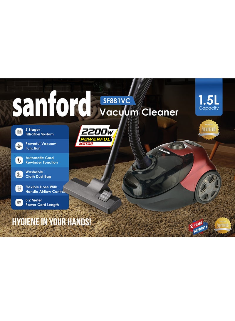 سانفورد مكنسة كهربائية 1.5 L 2200 W SF881VC BS أحمر - Image 5
