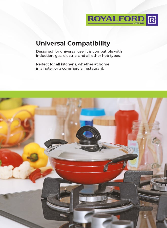 رويال فورد كاداي صغيرة مقاس 18 سم مع غطاء من الفولاذ المقاوم للصدأ - متعدد الألوان - صنع في الهند - مقاس 18 سم أحمر/أسود 18Cmسم - Image 4