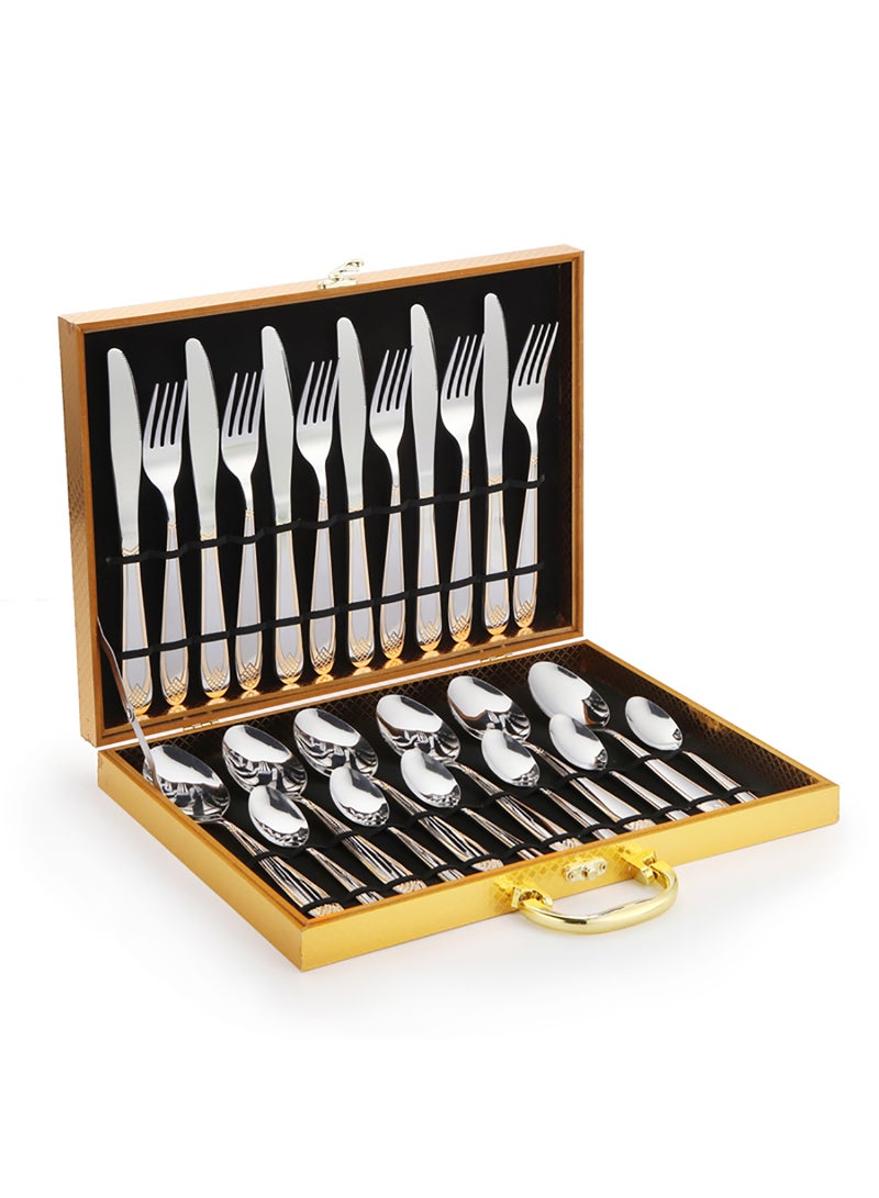 Sunhome 24-Piece Stainless Steel Cutlery Set Kitchen Utensil Set With Textured Surface Western Cutlery Suitable For Home Kitchen Restaurant Hotel Party Dining Picnic Dining Exquisite Packaging For Gift Silver/Gold  - Image 1