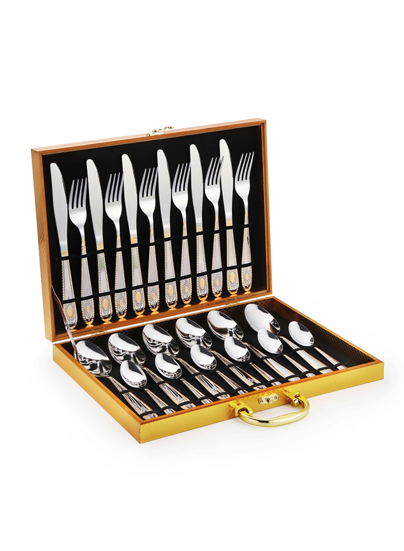 Sunhome 24-Piece Stainless Steel Cutlery Set Kitchen Utensil Set Western Cutlery With Textured Surface Suitable For Home Kitchen Restaurant Hotel Party Dining Picnic Dining Exquisite Packaging For Gift Giving Silver/Gold  - Image 1