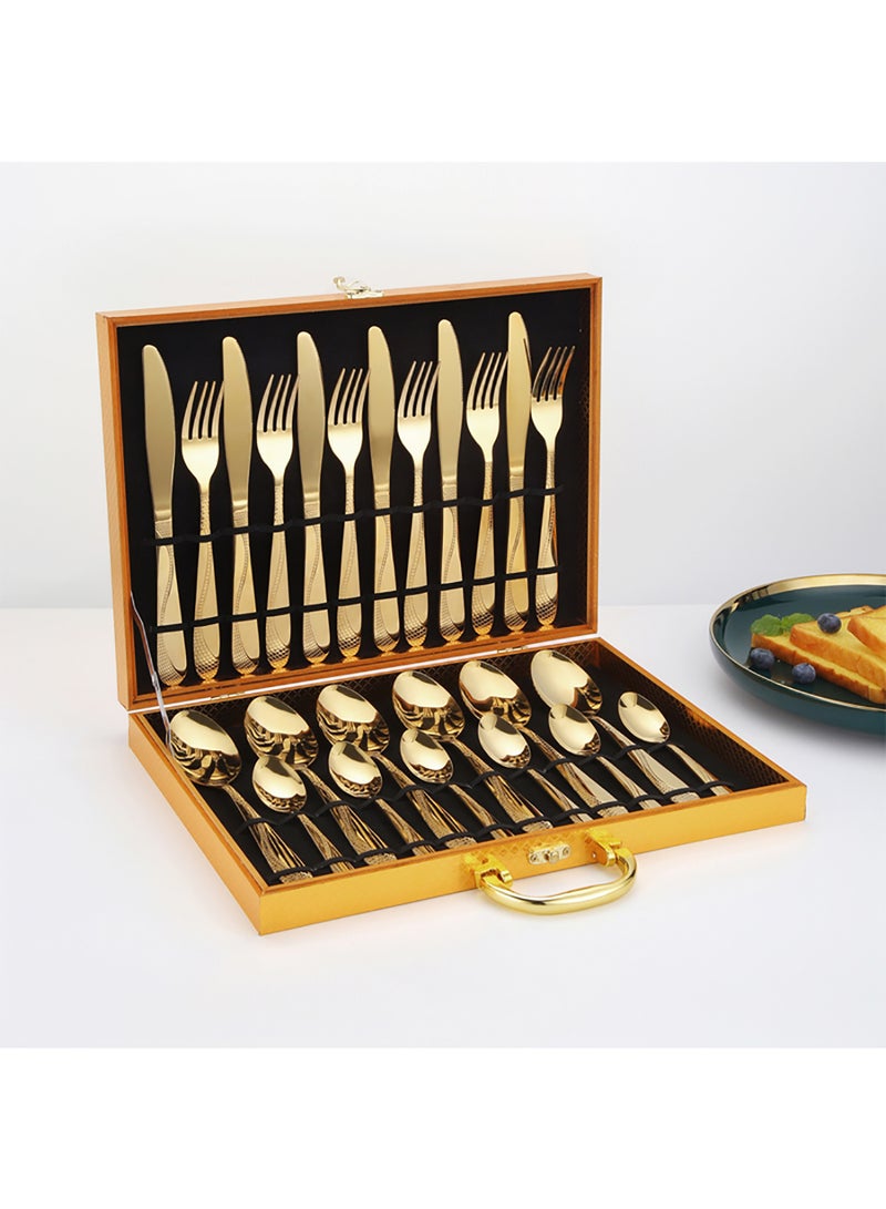 24-Piece Stainless Steel Cutlery Set Kitchen Utensil Set Western Cutlery With Textured Surface Suitable For Home Kitchen Restaurant Hotel Party Dining Picnic Dining Exquisite Packaging For Gift Giving Gold 225mm