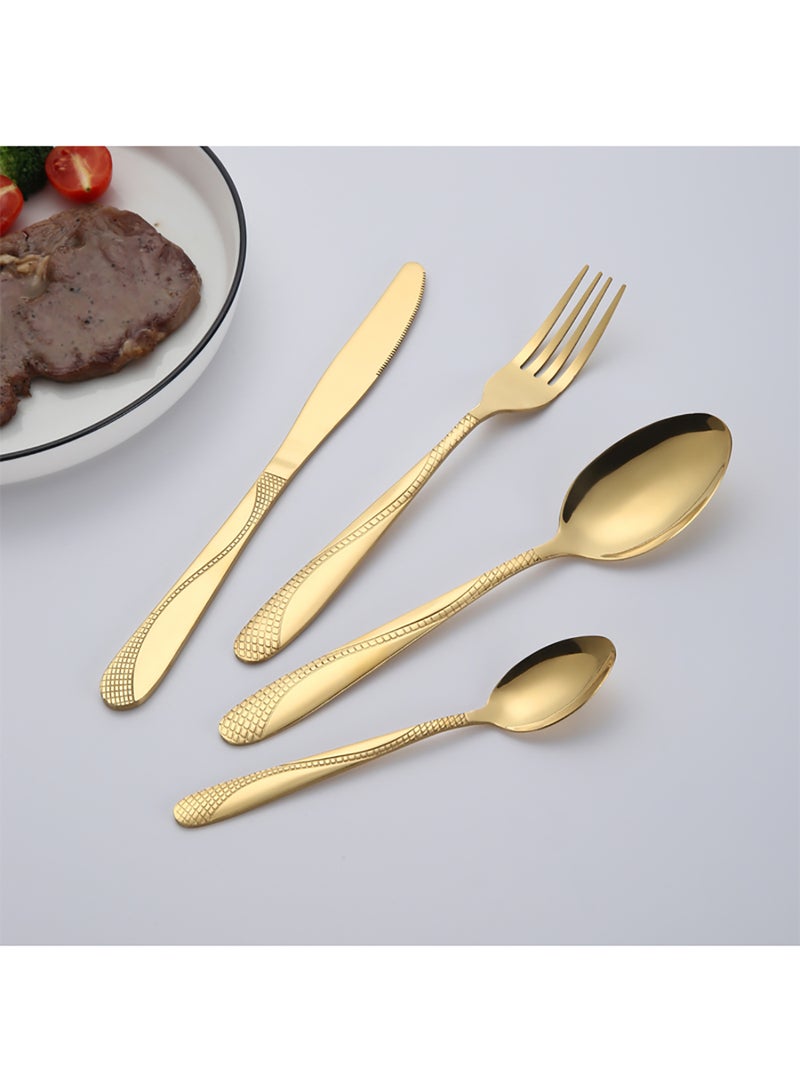24-Piece Stainless Steel Cutlery Set Kitchen Utensil Set Western Cutlery With Textured Surface Suitable For Home Kitchen Restaurant Hotel Party Dining Picnic Dining Exquisite Packaging For Gift Giving Gold 225mm