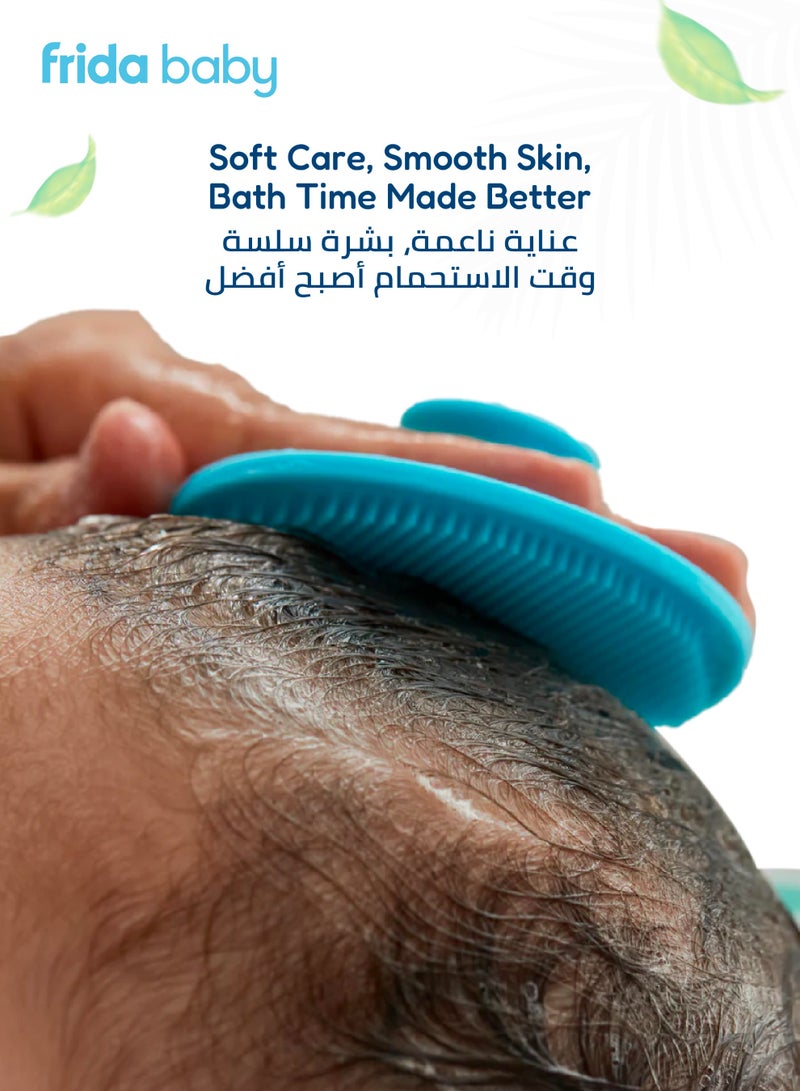 فريدا بيبي فرشاة استحمام ديرمافريدا للعناية ببشرة الأطفال | مصنوعة في الولايات المتحدة الأمريكية | مثالية للبشرة الجافة وغطاء المهد والإكزيما | سيليكون ناعم، تقشير لطيف، تدليك مدمج، تجفيف سريع وتصميم صحي - Image 5