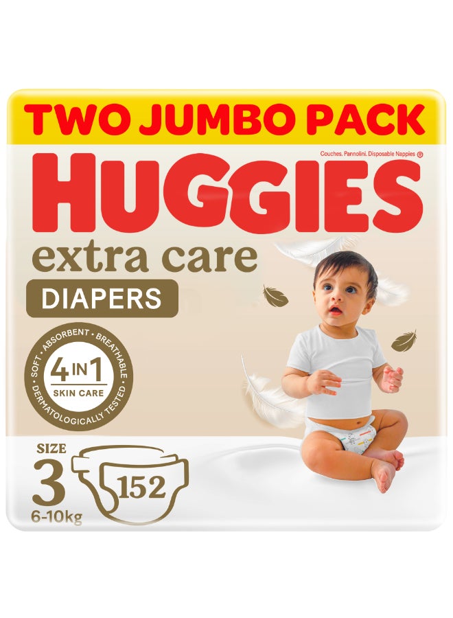 هجيز حفاضات أطفال من إكسترا كير، مقاس 3، 4 - 9 كجم، 152 قطعة - عبوة ضخمة، عناية لطيفة بالبشرة، مادة قابلة للتنفس - Image 2