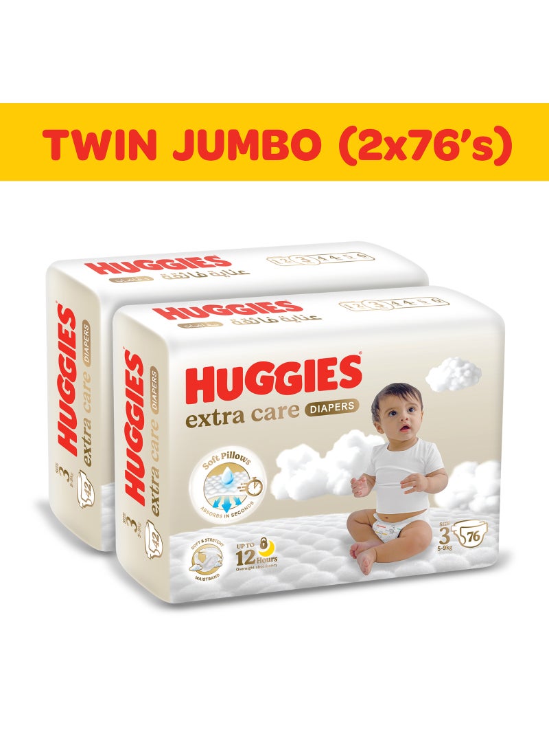HUGGIES Extra Care Baby Diapers, Diapers Size 3, (5 - 9 kg), Twin Jumbo Pack of 152 Diapers - Image 1