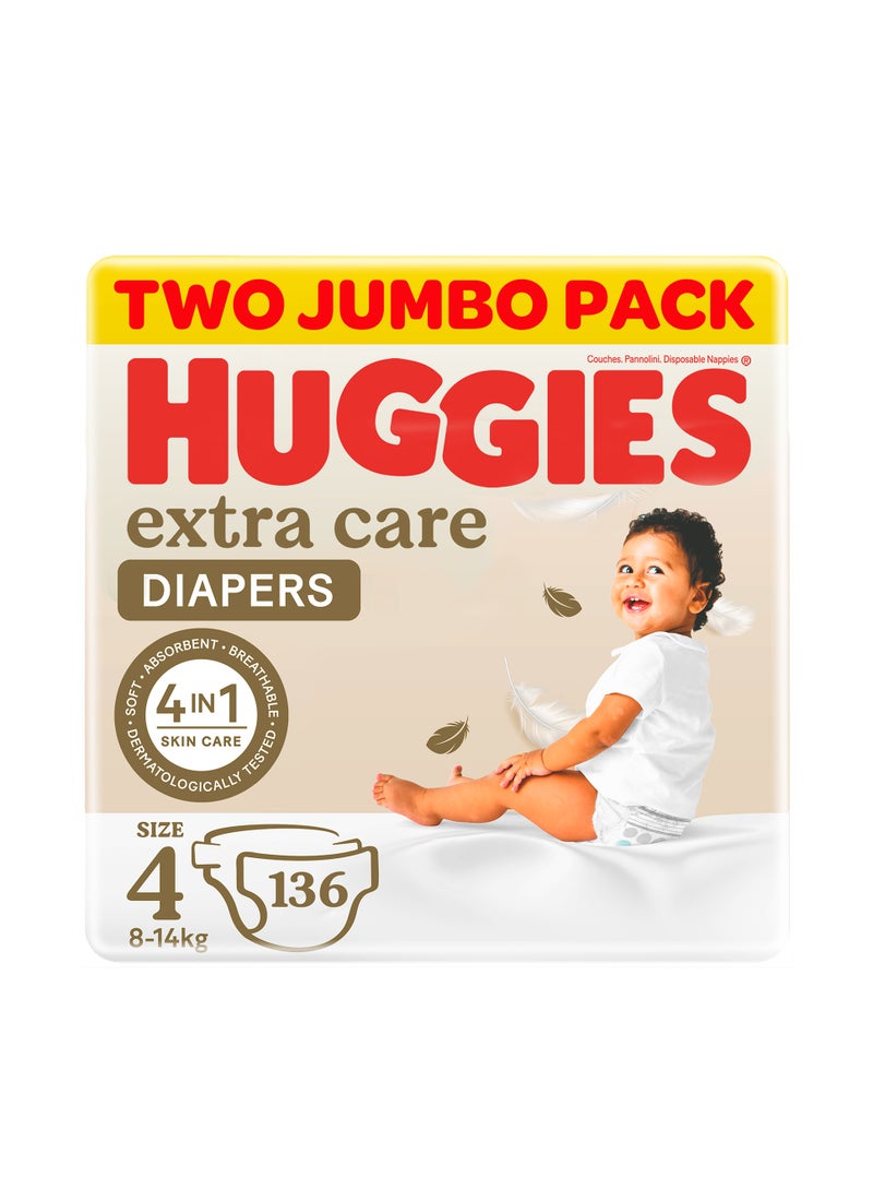 Huggies Extra Care, Size 4, 8 -14 kg, Twin Jumbo Pack, 136 Diapers  - Image 1