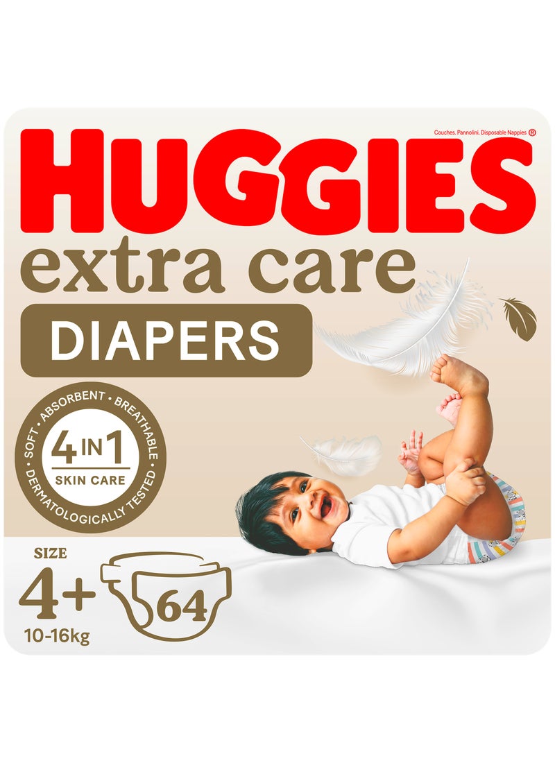 هجيز حفاضات أطفال إكسترا كير، مقاس 4+، لوزن 10 - 16 كجم، بعدد 64  قطعة - عبوة جامبو، لعناية لطيفة بالبشرة، مادة جيدة التهوية - Image 2