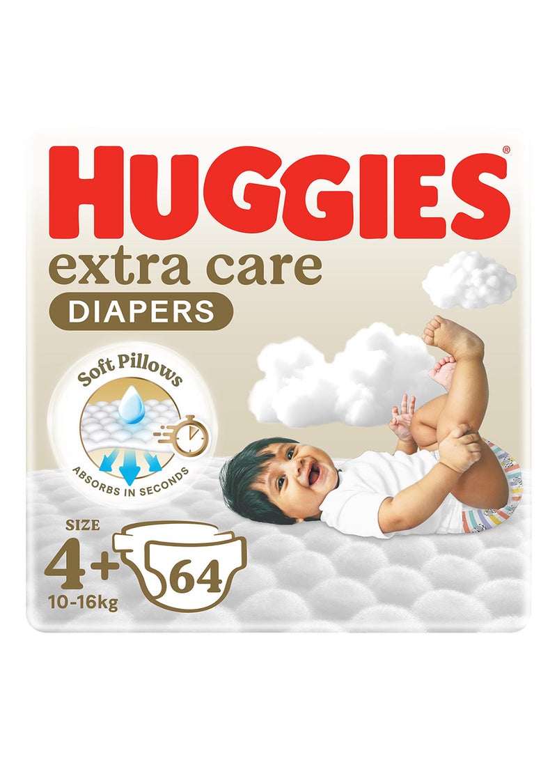 Huggies, Extra Care Baby Diapers, Size 4+ (10 - 16 kg), Jumbo Pack of 64 Diapers, Soft Pillows Absorb in Seconds, Absorbent Channels and Stretchy Waistband, 12h Day & Night Protection - Image 1