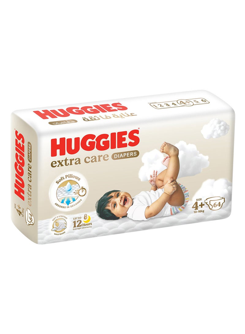 Huggies, Extra Care Baby Diapers, Size 4+ (10 - 16 kg), Jumbo Pack of 64 Diapers, Soft Pillows Absorb in Seconds, Absorbent Channels and Stretchy Waistband, 12h Day & Night Protection - Image 2