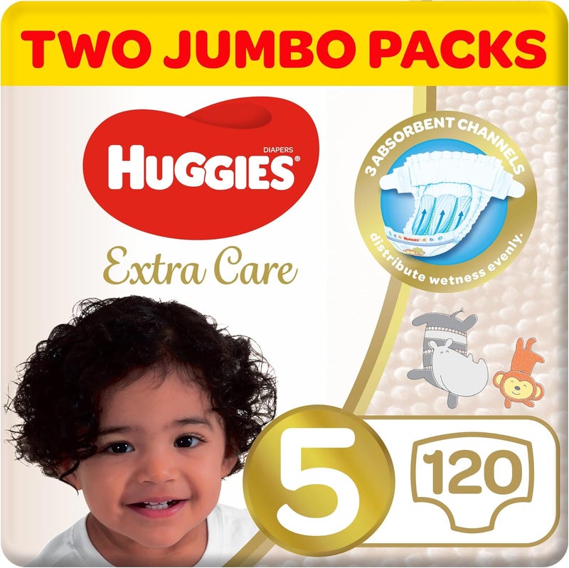 Huggies Extra Care Baby Diapers, Size 5 (12 - 22 kg), Twin Jumbo Pack of 120 Diapers, Soft Pillows Absorb in Seconds, Absorbent Channels and Stretchy Waistband, 12h Day & Night Protection - Image 1