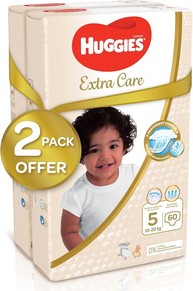 Huggies Extra Care Baby Diapers, Size 5 (12 - 22 kg), Twin Jumbo Pack of 120 Diapers, Soft Pillows Absorb in Seconds, Absorbent Channels and Stretchy Waistband, 12h Day & Night Protection - Image 2
