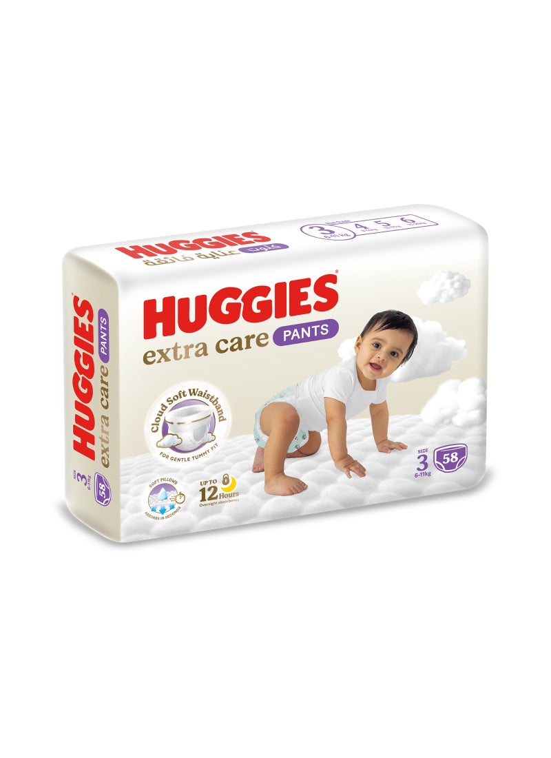 HUGGIES Extra Care Culottes Pants, Pant Style Diapers Size 3, (6 - 11 kg), Jumbo Pack of 58 Premium Baby Diaper Pants - Image 1