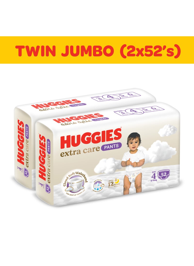 HUGGIES Extra Care Culottes Pants, Pant Style Diapers Size 4, (9 - 14 kg), Twin Jumbo Pack of 104 Premium Baby Diaper Pants - Image 1