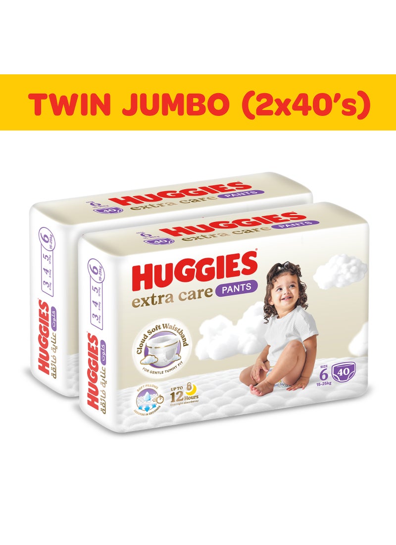 HUGGIES Extra Care Culottes Pants, Pant Style Diapers Size 6, (15 - 25 kg), Twin Jumbo Pack of 80 Premium Baby Diaper Pants - Image 1
