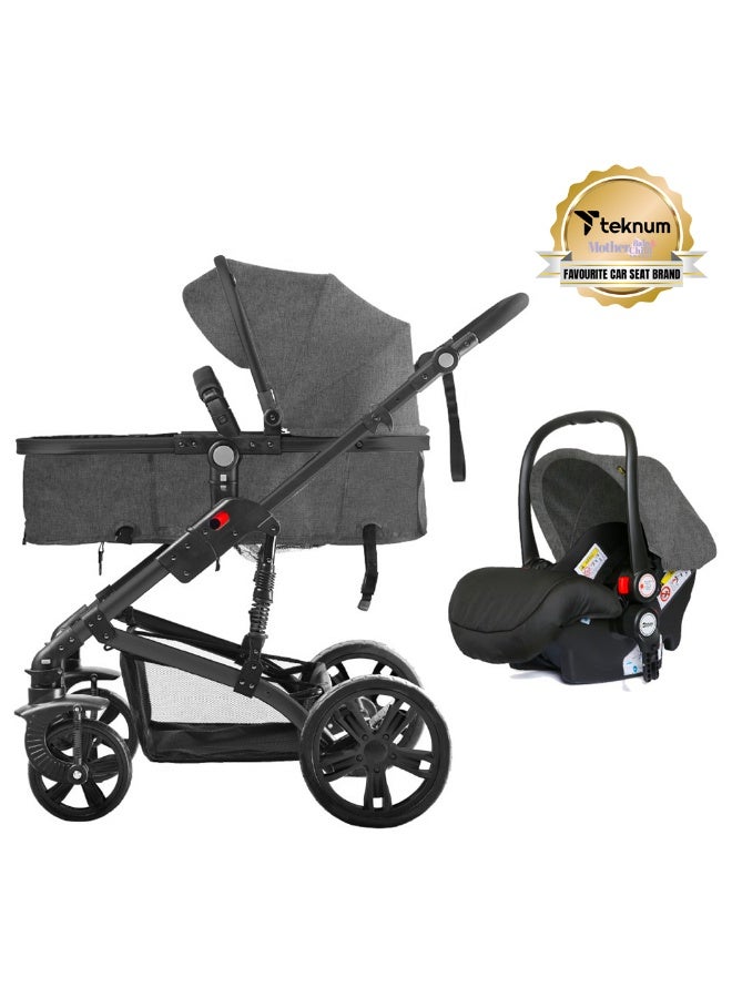 TEKNUM 3In1 Pram Stroller Sleeping Bassinet With Extra Wide Seat And Wide Canopy 360° Rotating Wheels Space Grey - Image 2