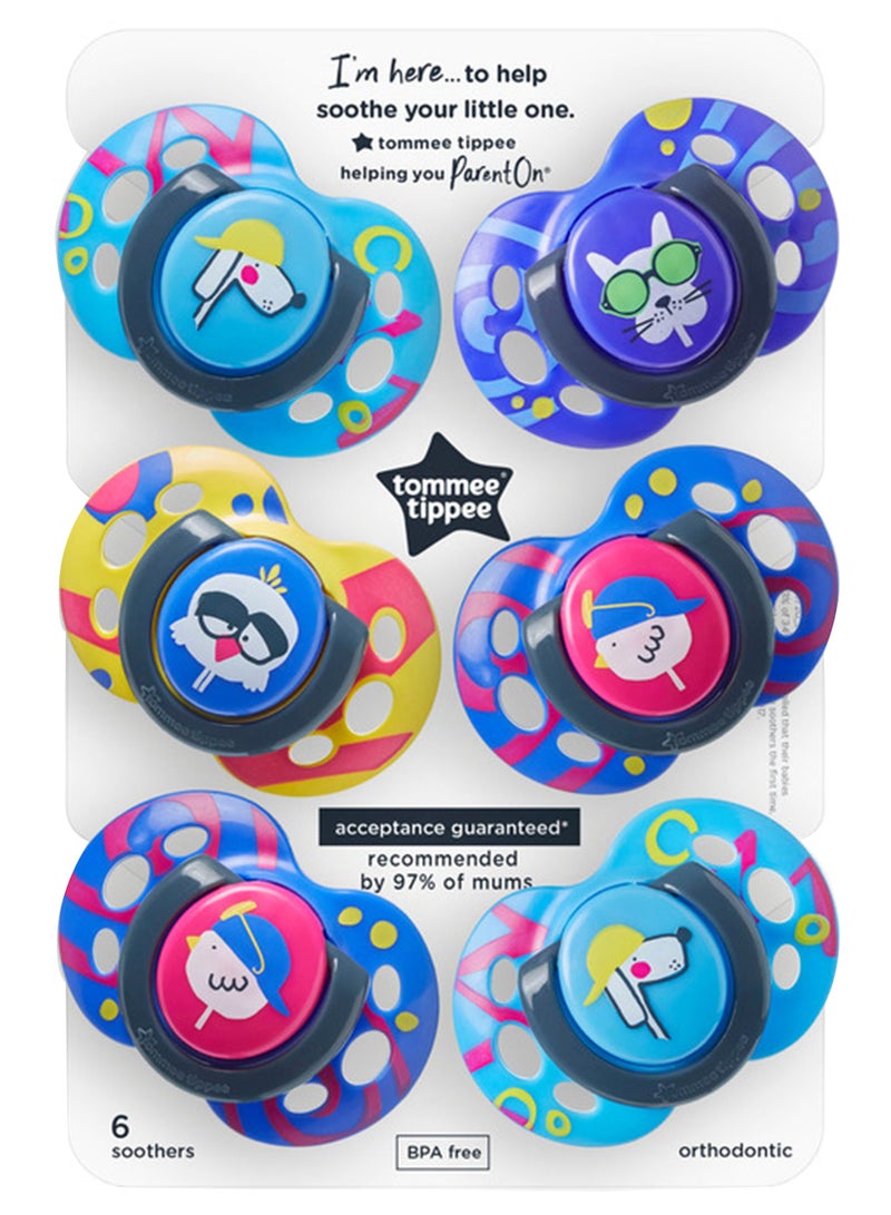 tommee tippee - Pack Of 6 Fun Style Soothers Symmetrical Orthodontic Design BPA-Free Silicone Baglet For 6-18 Months Multicolour - Image 1