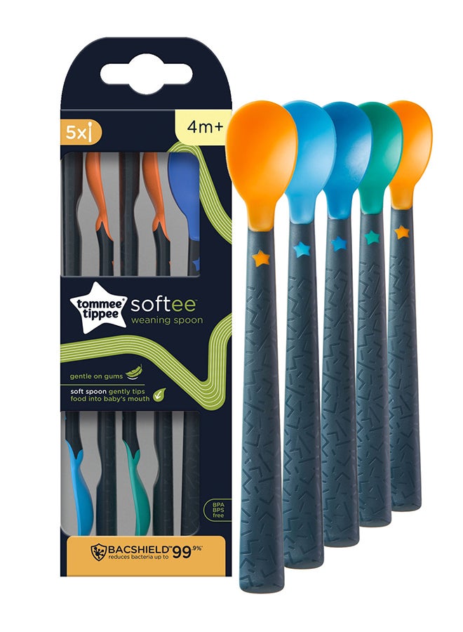 tommee tippee - Pack Of 5 Softee Weaning Spoons With Antibacterial Technology, Anti-Slip Handles And Super-Soft, 4 Months+, Multicolour - Image 1
