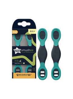tommee tippee Pack Of 2 Smushee First Self-Feeding Weaning Spoons With Antibacterial Technology, Chunky Handles And Reversible, 4 Months+  - Image 1