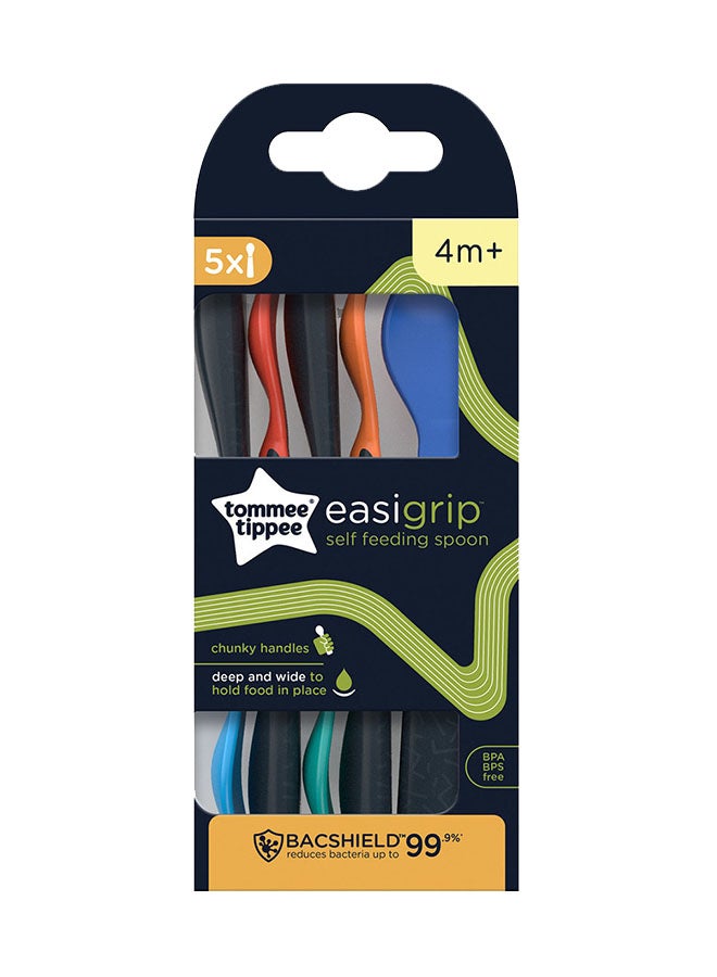 tommee tippee - Pack Of 5 Easigrip Self-Feeding  Spoons With Antibacterial Technology, Chunky Handles, 4 Months+, Multicolour - Image 1