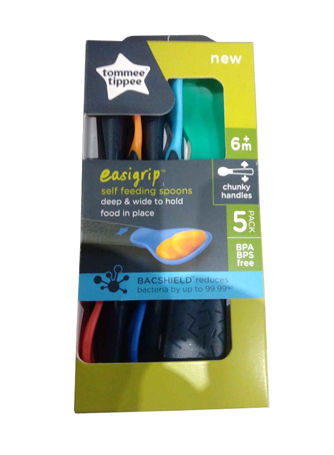 tommee tippee - Pack Of 5 Easigrip Self-Feeding  Spoons With Antibacterial Technology, Chunky Handles, 4 Months+, Multicolour - Image 1