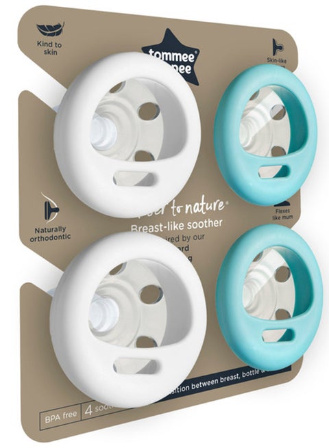 Breast-Like Soother Skin-Like Texture Symmetrical Orthodontic Design BPA-Free For 0-6m Pack Of 4 Dummies Teal And White