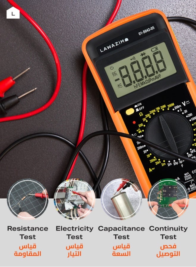 LAWAZIM Digital Multimeter - 1000V Auto-Ranging Multimeter with AC/DC Voltage, Current, Continuity, Temperature, and Frequency Functions - Ideal for Electrical Testing, Home, and Workshop Use Black/Orange 28.1cm  - Image 5