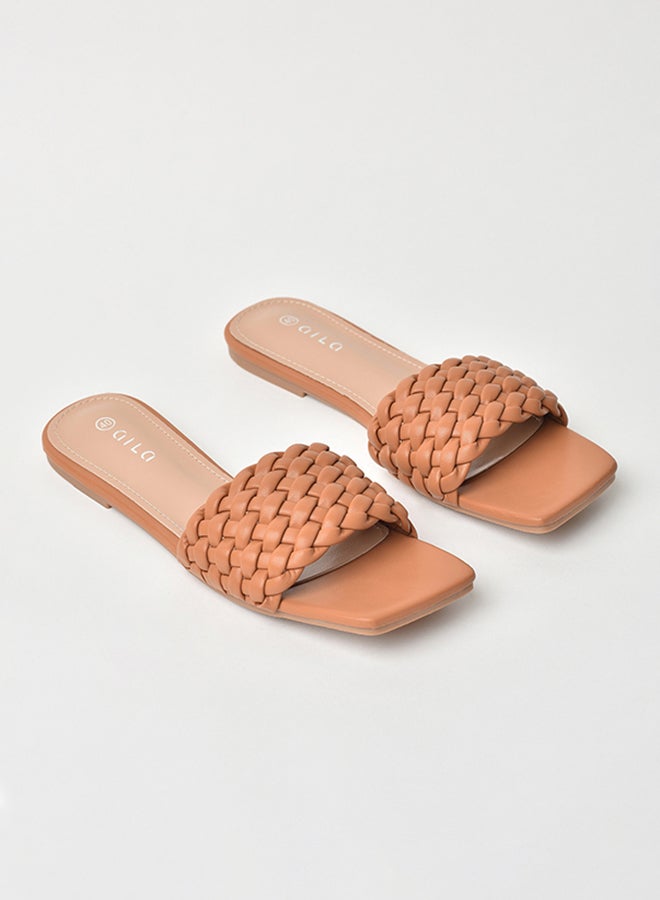 Aila - Slip-On Detail Flat Sandals Tan - Image 1