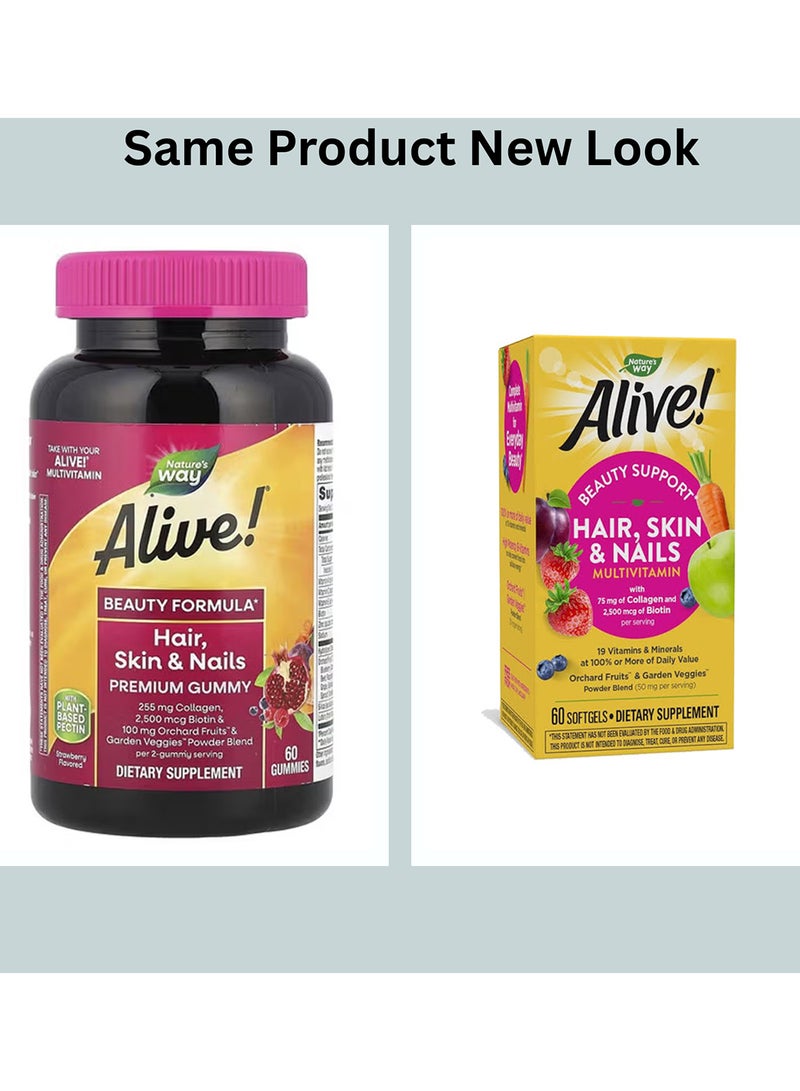 Nature's Way Hair, Skin and Nails Multivitamin with 75mg of Collagen 2500 mcg of Biotin Per Serving, 60 Softgels - Image 1