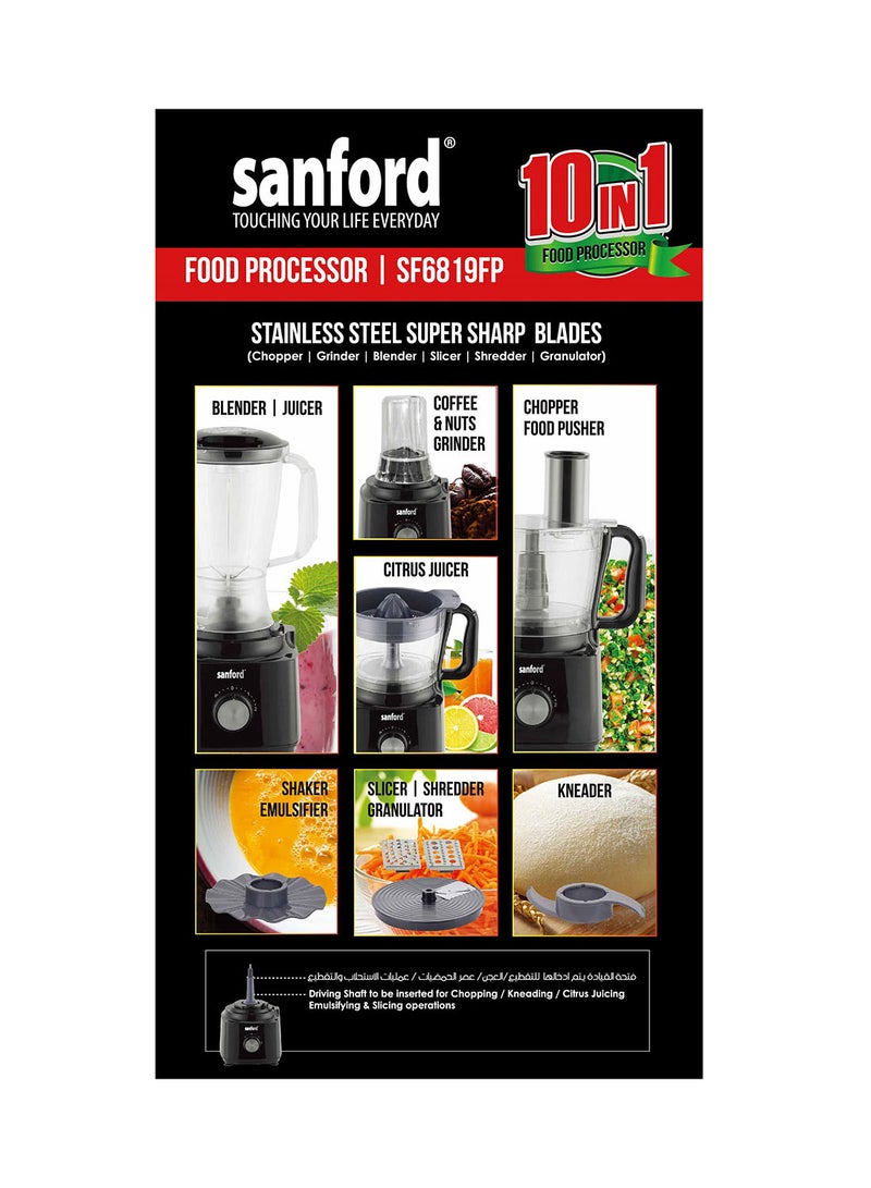 Sanford 10 in 1 Multi Functional & Convenient Food Processor, Chopper | Blender | Dry Grinder | Citrus Juicer | Dough Kneader | Food Pusher | Emulsifier | Grater | French Fry | Slicer 1.5 L 800 W SF6819FP Black - Image 4