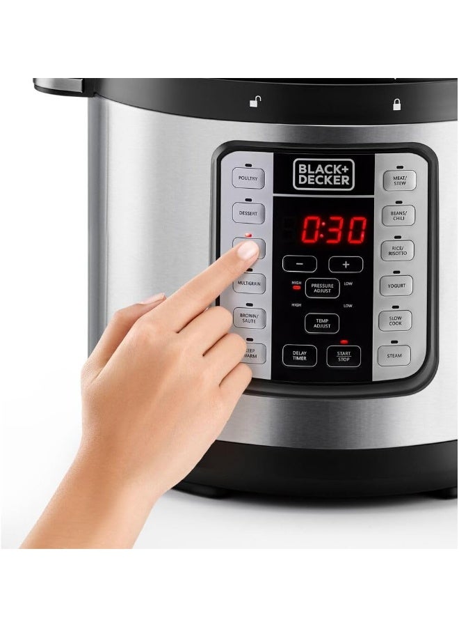 BLACK+DECKER EZ Smart Steam Pot, Multi-Cooker, 7-in-1 Programmable Electric Pressure Cooker, Digital LED Display, Overheating Protection, Delay Timer, 6 L 1000 W PCP1000-B5 Silver/Black - Image 2