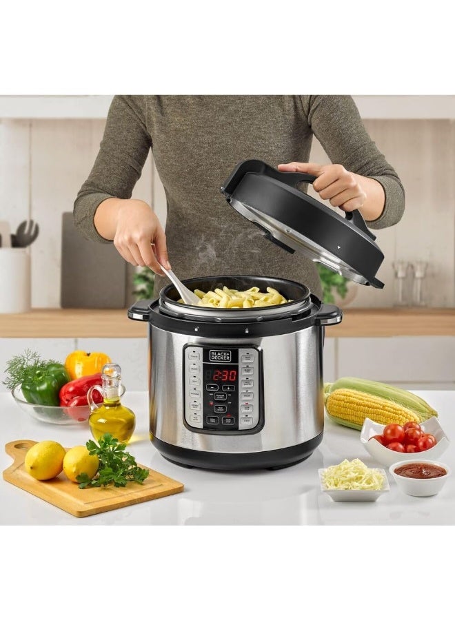 BLACK+DECKER EZ Smart Steam Pot, Multi-Cooker, 7-in-1 Programmable Electric Pressure Cooker, Digital LED Display, Overheating Protection, Delay Timer, 6 L 1000 W PCP1000-B5 Silver/Black - Image 4