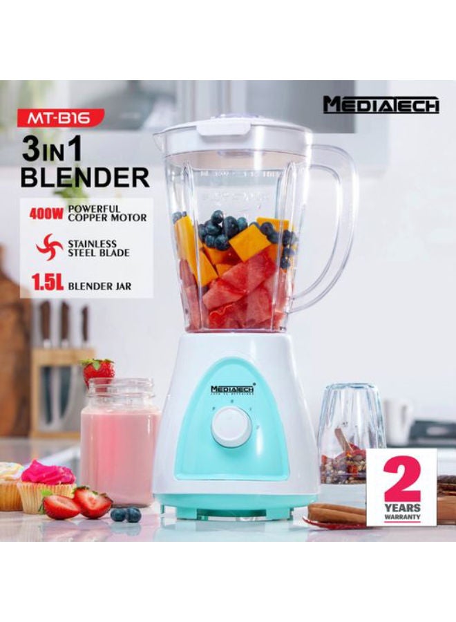 Mediatech Smoothie Blender maker, Copper Motor, Grinder and Grater, 2 speed + Pluse Function, Ice Crush Function Stainless Steel blades, 1.5 L 400 W MT-B16 Multicolour  - Image 5