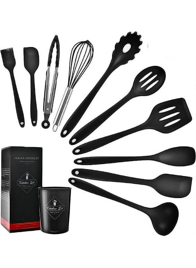 XiuWoo 11-Piece Silicone Kitchen Utensils Set Black One Size - Image 1