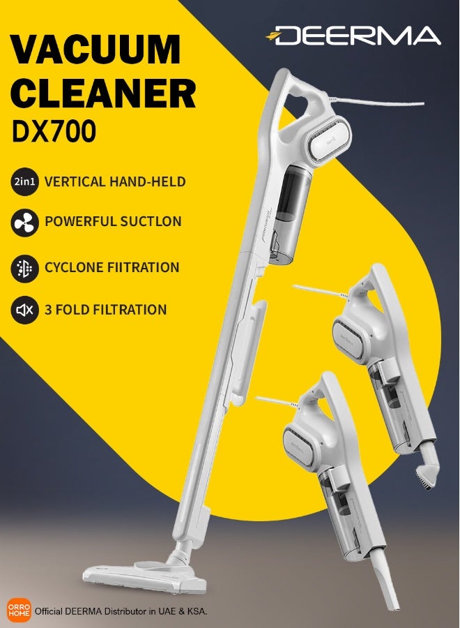 Deerma Portable 2-In-1 Handheld and Upright Vacuum Cleaner, HEPA Filter with Lightweight body and Low Noise Low Noise Triple Filter Vertical Dust Collector 600 W DX700 White - Image 1