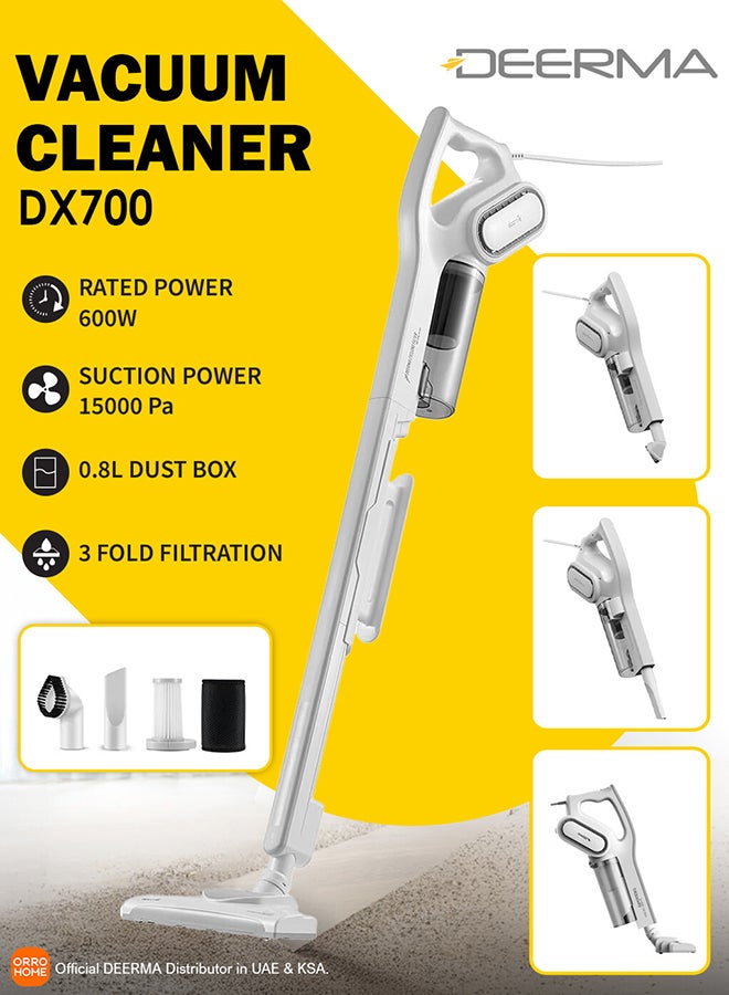 Portable 2-In-1 Handheld and Upright Vacuum Cleaner, HEPA Filter with Lightweight body and Low Noise Low Noise Triple Filter Vertical Dust Collector 600 W DX700 White
