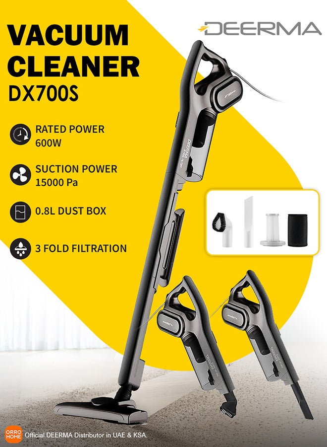 Deerma 2-in-1 Vertical and Handheld Vacuum Cleaner with High-Capacity Dust Box, Low-Noise Operation, Triple Filtration System, and Lightweight Design for Effortless Cleaning of Floors, Carpets, and Hard-to-Reach Spaces 600 W DX700S Grey  - Image 1