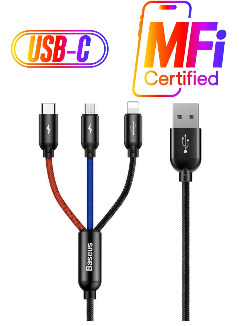 Baseus Three Primary Colors 3 in 1 Charging Cable (1.2M / 4FT) Nylon Braided, Charging cable iPhone and Charging cable for android, Compatible for Tablet iPad Smartphone, Micro USB Type-C (Black) Black  - Image 1