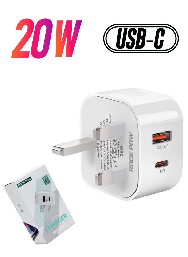 Rock Pow - 20W USB Type C Fast Charger PD Dual Port Power Delivery 3.0 Adapter Plug for iPhone 12 11 Pro Max X XR XS 8 SE 2020 iPad Samsung S20 Huawei P40 P30, White - Image 1
