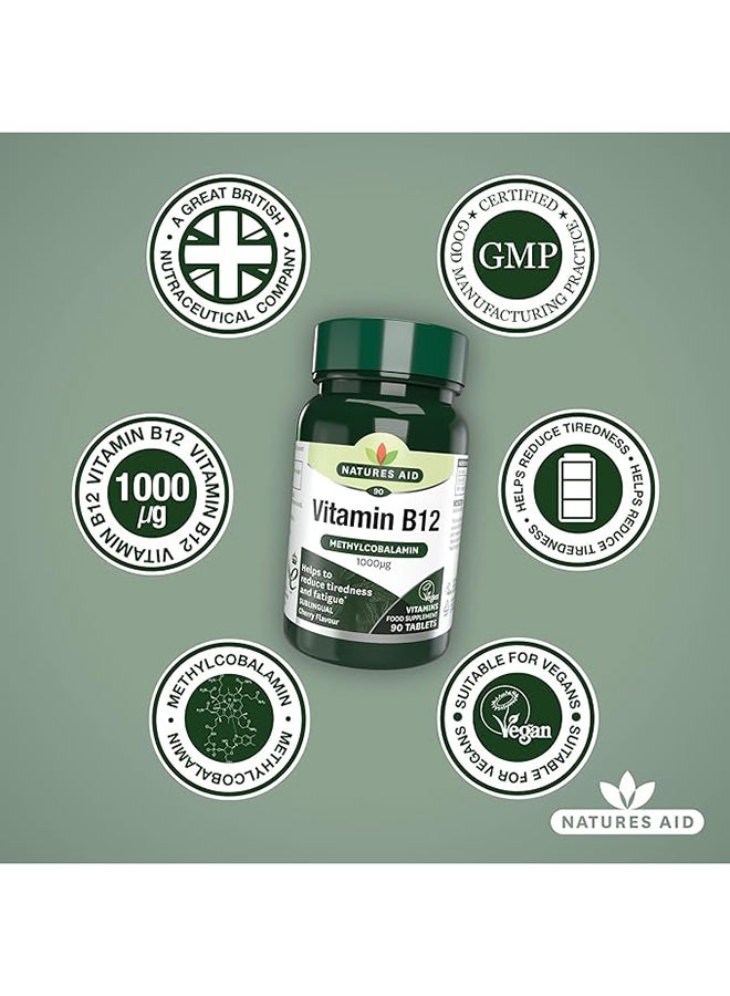 Natures Aid Vitamin B12 Sublingual 1000 µg Helps To Reduce Tiredness And Fatigue Natural Cherry Flavor 90 Tablets - Image 4