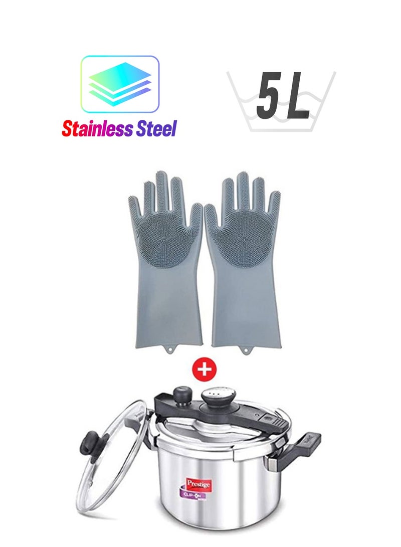 Prestige CLIP-ON Svachh Stainless Steel Pressure Cooker + Free Winsor Silicone Scrubber Gloves 5Liters  - Image 1