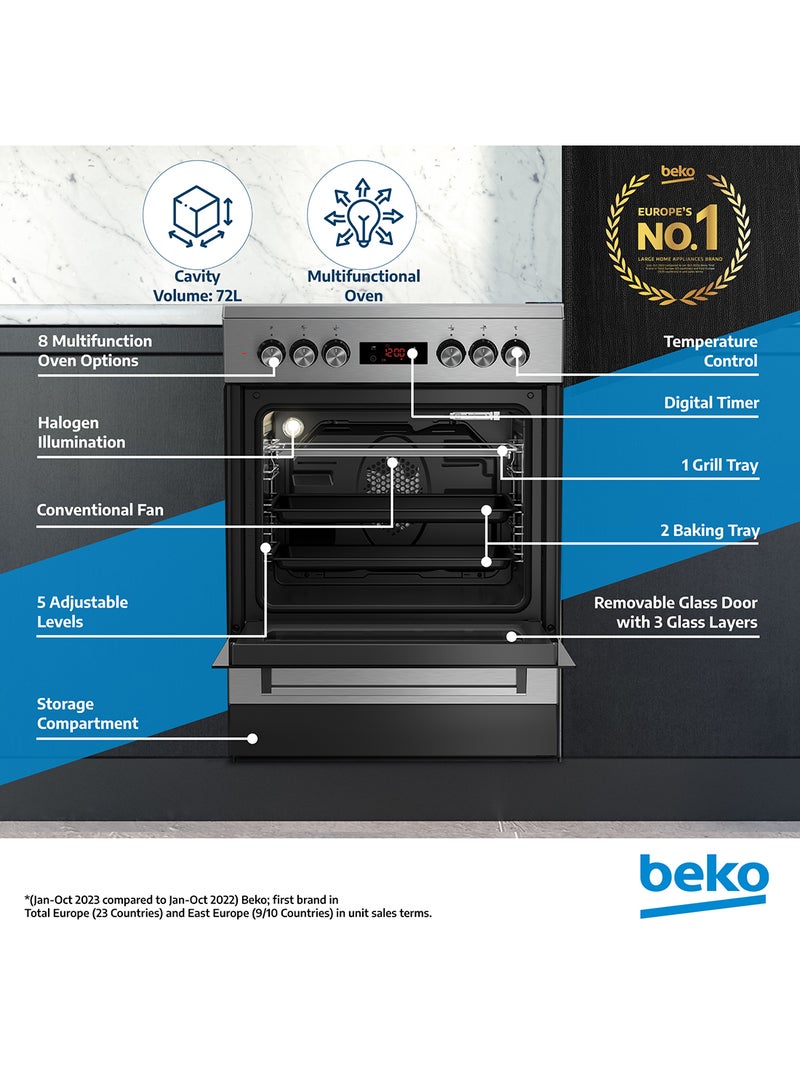 Beko - 60x60cm Freestanding Ceramic Electric cooker, 4 Cooking Zones(2 Expandable), 8 Cooking Multifuntion Oven, 72 liters Oven Capacity, A+ Energy Rating, SteamShine Cleaning, Halogen Illumination, Removable Door Glass for Cleaning FSM67320GXS Steel - Image 1