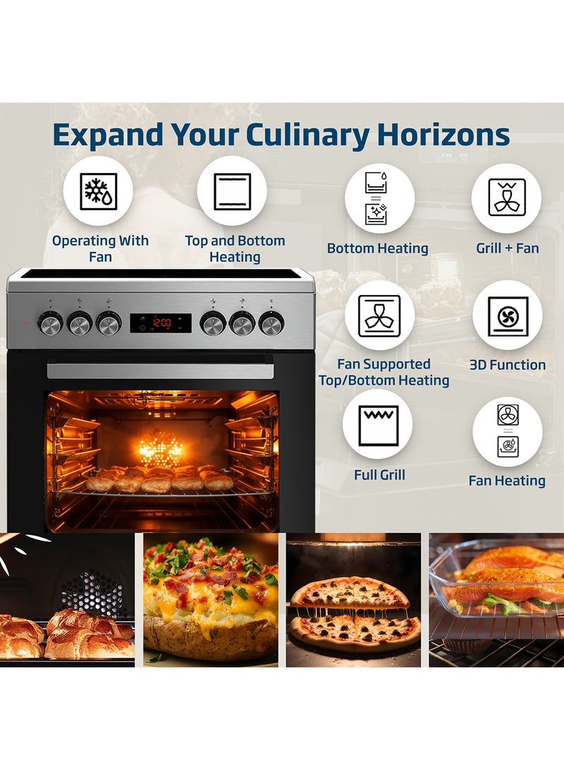Beko - 60x60cm Freestanding Ceramic Electric cooker, 4 Cooking Zones(2 Expandable), 8 Cooking Multifuntion Oven, 72 liters Oven Capacity, A+ Energy Rating, SteamShine Cleaning, Halogen Illumination, Removable Door Glass for Cleaning FSM67320GXS Steel - Image 1