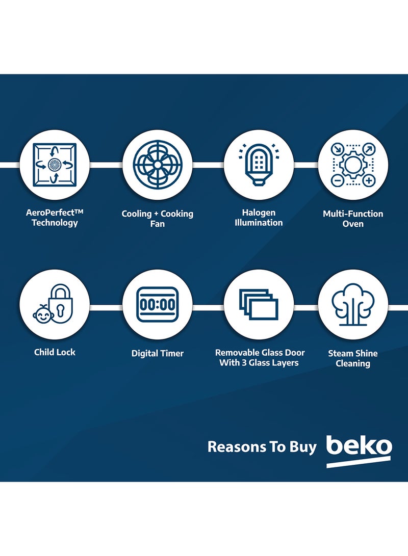 Beko - 60x60cm Freestanding Ceramic Electric cooker, 4 Cooking Zones(2 Expandable), 8 Cooking Multifuntion Oven, 72 liters Oven Capacity, A+ Energy Rating, SteamShine Cleaning, Halogen Illumination, Removable Door Glass for Cleaning FSM67320GXS Steel - Image 1