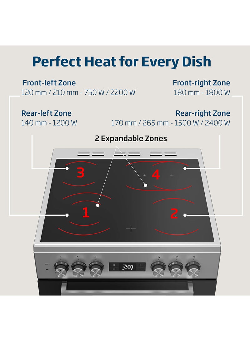 Beko - 60x60cm Freestanding Ceramic Electric cooker, 4 Cooking Zones(2 Expandable), 8 Cooking Multifuntion Oven, 72 liters Oven Capacity, A+ Energy Rating, SteamShine Cleaning, Halogen Illumination, Removable Door Glass for Cleaning FSM67320GXS Steel - Image 1