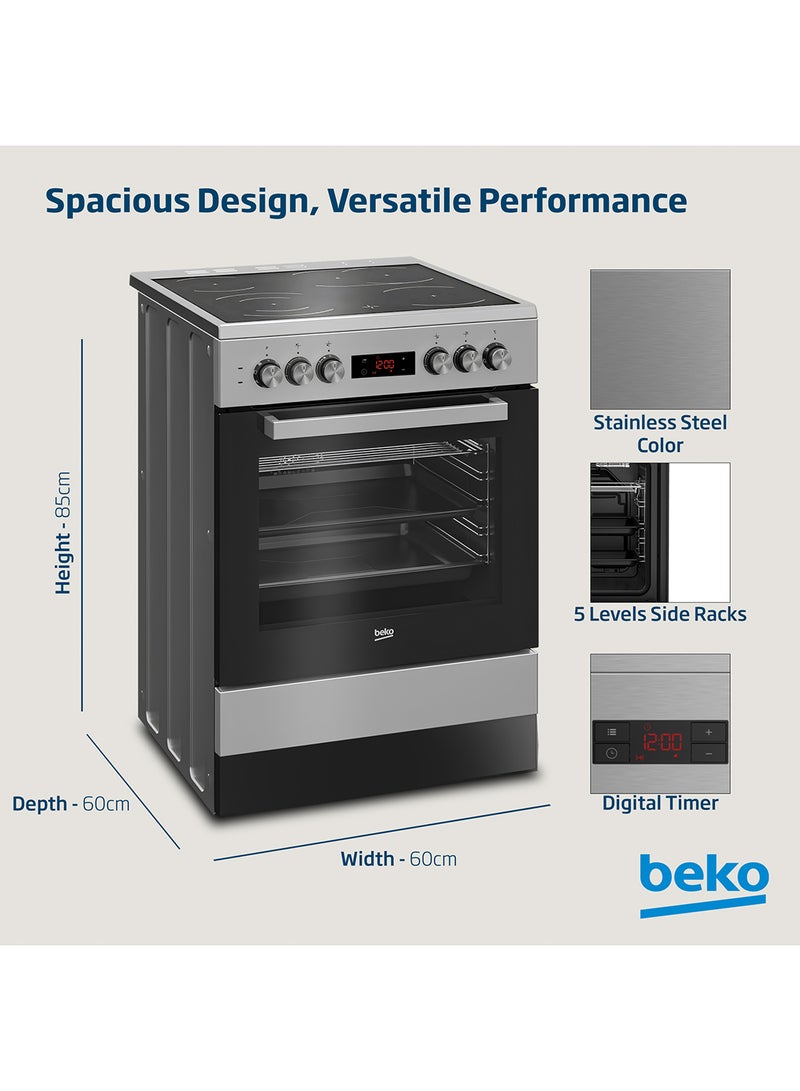 Beko - 60x60cm Freestanding Ceramic Electric cooker, 4 Cooking Zones(2 Expandable), 8 Cooking Multifuntion Oven, 72 liters Oven Capacity, A+ Energy Rating, SteamShine Cleaning, Halogen Illumination, Removable Door Glass for Cleaning FSM67320GXS Steel - Image 1